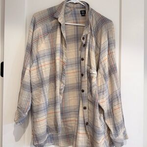 BDG Cream Plaid Lightweight Shirt Jacket with Blue and Tan Stripes